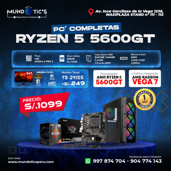PC RYZEN 5 5600GT + 16GB RAM + 256GB SSD M.2 + CASE GRANDE