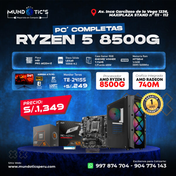PC RYZEN 5 8500G + 16GB DDR5 + 500GB SSD M.2 + CASE GAMING