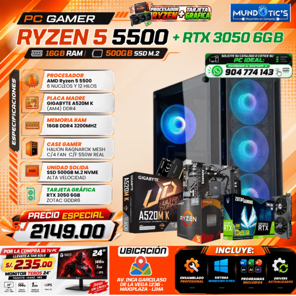 RYZEN 5 5500 + RTX 3050 6GB + 16GB RAM + 500GB M.2