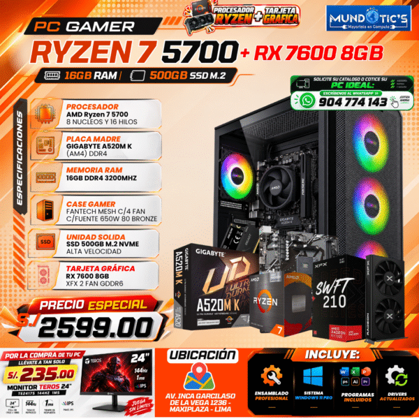 RYZEN 7 5700 + RX 7600 6GB+ 16GB RAM + 500GB M.2