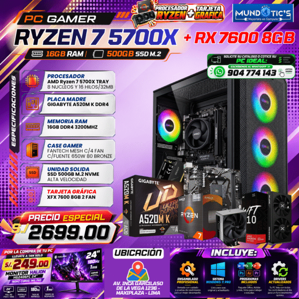 RYZEN 7 5700X + RX 7600 8GB+ 16GB RAM + 500GB M.2