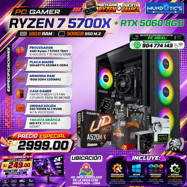 RYZEN 7 5700X + RTX 5060 8GB+ 16GB RAM + 500GB M.2